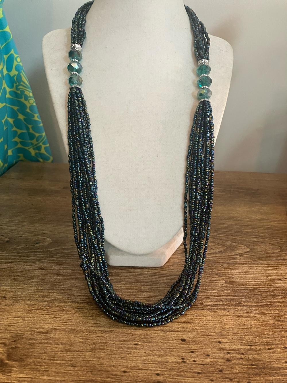 Layered Iridescent Beaded Necklace with Teal Accents